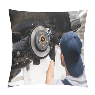 Personality  Back View Of Mechanic In Rubber Gloves Touching Car Brake And Fixing Vehicle  Pillow Covers