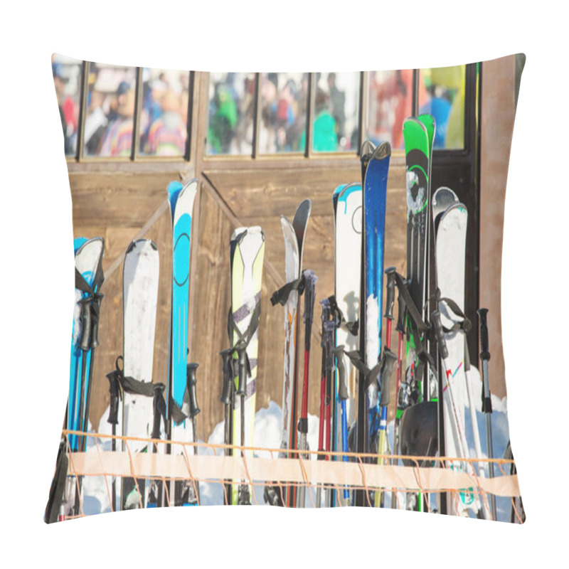 Personality  Photo Of Multi-colored Skis In Snow At Winter Resort In Afternoon Pillow Covers