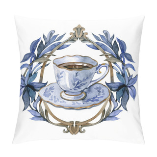 Personality  Watercolor Vintage Tea Cup In Antique Frame Isolated On White Background. Hand Drawn Illustration Sketch. Pillow Covers