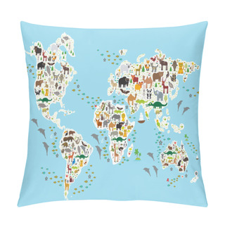 Personality  Cartoon Animal World Map For Children And Kids, Animals From All Over The World, White Continents And Islands On Blue Background Of Ocean And Sea. Vector Pillow Covers