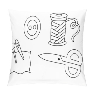 Personality  Doodle Needle, Scissors, Button Set Icon Isolated On White. Outline Sewing. Hand Drawing Line Art. Sketch Vector Stock Illustration Pillow Covers