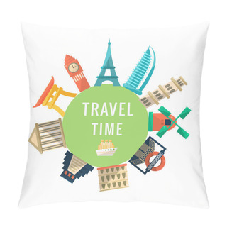 Personality  Travel Time Logo With Famous Buildings Pillow Covers