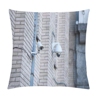 Personality  Close Up View Of Security Cameras On Brick Building Facade Pillow Covers