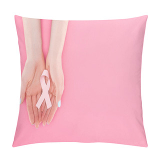 Personality  Partial View Of Woman With Pink Breast Cancer Sign On Pink Background With Copy Space Pillow Covers