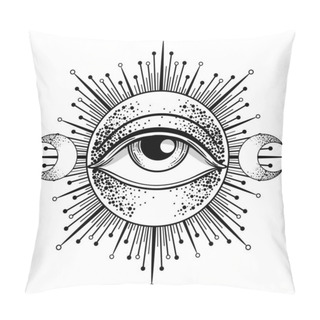 Personality  Blackwork Tattoo Flash. Eye Of Providence. Masonic Symbol. All Seeing Eye Inside Triangle Pyramid. New World Order. Sacred Geometry, Religion, Spirituality, Occultism. Isolated Vector Illustration. Pillow Covers