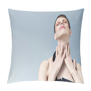 Personality  Portrait, Queer Model With Makeup Touching Neck And Posing On Grey, Beauty, Androgynous, Closed Eyes Pillow Covers
