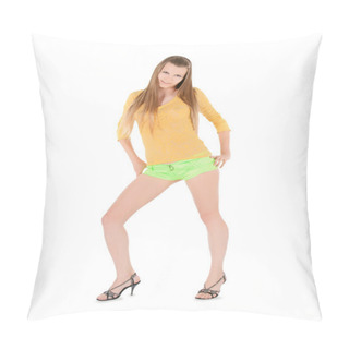 Personality Sexy Blondie Girl Posing Over White Pillow Covers