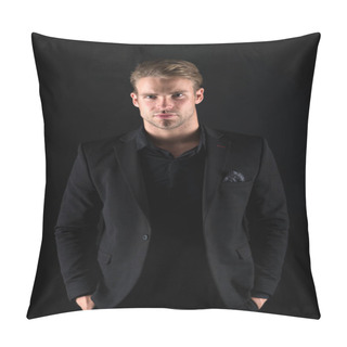 Personality  Casually Handsome. Man Handsome Well Groomed Macho On Black Background. Feeling Confident. Male Beauty And Masculinity. Guy Attractive Confident Model. Confident In His Style. Man In Dark Clothes Pillow Covers