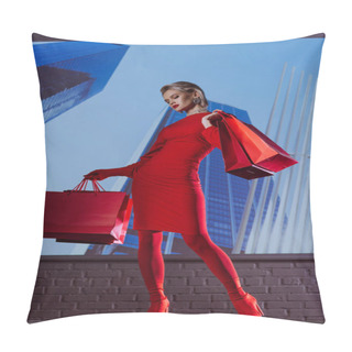 Personality  Low Angle View Of Attractive And Stylish Woman In Red Dress Holding Shopping Bags On City Background  Pillow Covers