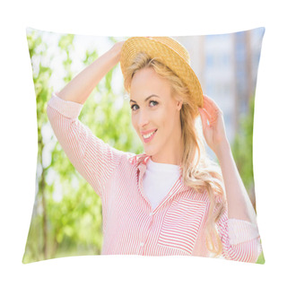 Personality  Portrait Of Smiling Young Woman In Straw Hat On Blurred Background  Pillow Covers