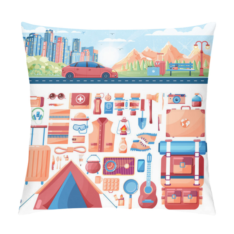 Personality  illustration of day landscape, mountains, sunrise, travel, nature, car, city daylife, bench, luggage, sports equipment for outdoor activities in flat style pillow covers