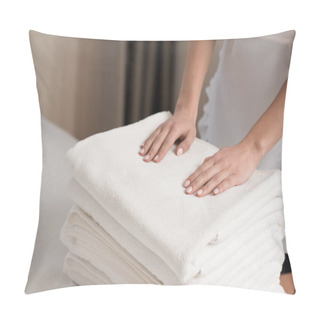 Personality  Young Beautiful Maid In Uniform With Stack Of Clean Towels Pillow Covers