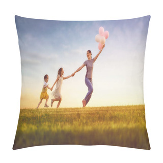 Personality  Happy Loving Family Is Having Fun On Nature In The Summer. Young Mother And Two Daughters Are Laughing And Playing On Meadow At Sunset Background.  Pillow Covers