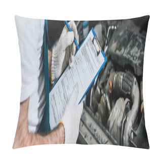 Personality  Panoramic Shot Of Repairman Holding Pen And Clipboard Near Car Pillow Covers
