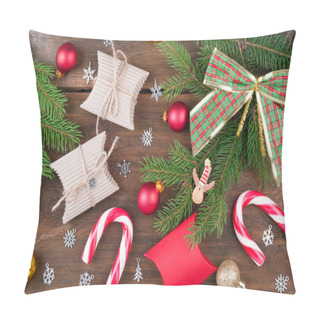 Personality  Christmas Background. Handmade Christmas Gift Boxes And Festive  Pillow Covers