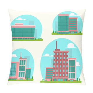 Personality  Vector Cartoon Abstract Flat City Skyscraper Building Template Collection Set With Silhouette Sky Cloud Background And Green Park Tree Pillow Covers