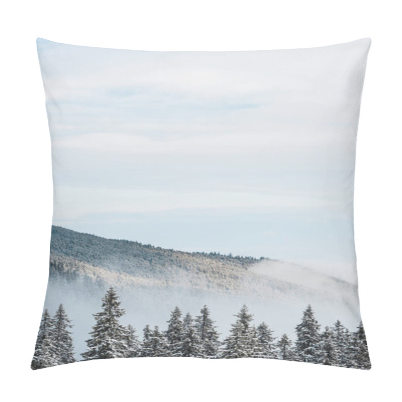 Personality  Scenic View Of Snowy Mountain With Pine Trees And White Fluffy Clouds Pillow Covers