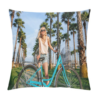 Personality  Woman Standing Near Rented Bicycle In Park. Summer And Lifestyle Pillow Covers
