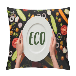 Personality  Cropped View Of Woman Holding Round Plate With Eco Illustration On Vegetable Pattern Background Isolated On Black Pillow Covers