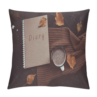 Personality  Diary, Cup Of Hot Cocoa, Brown Knitted Scarf And Autumn Leaves On Dark Background. Pillow Covers