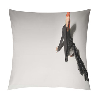 Personality  Edgy Fashion, Asian Woman With Red Hair Posing In Bold Outfit On Grey Backdrop, Latex Boots, Banner Pillow Covers