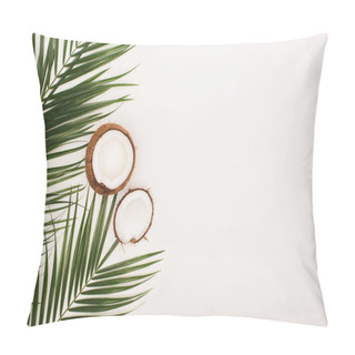 Personality  Top View Of Coconut Halves Near Palm Leaves On White Background With Copy Space Pillow Covers