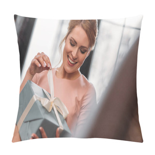 Personality  Happy Young Woman Opening Valentines Day Gift Pillow Covers