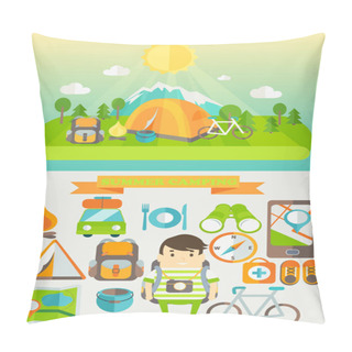 Personality  Summer Holiday And Travel Themed Summer Camp Poster In Flat Style. Hiking, Mountain And Travel Icons, Vector Illustration. Pillow Covers