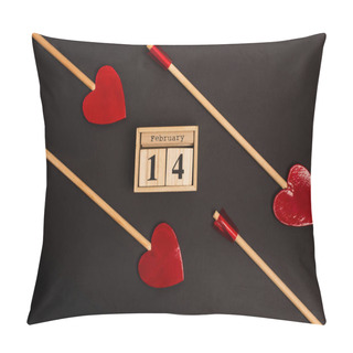 Personality  Top View Of Heart-shaped Arrows Near Wooden Cubes With 14 February Lettering Isolated On Black  Pillow Covers