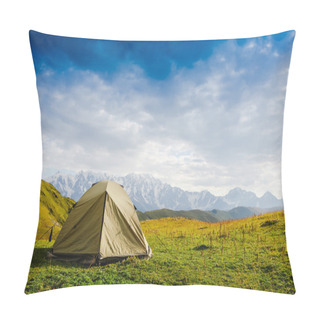 Personality  Tourist Tent In Camp On  Meadow  Pillow Covers