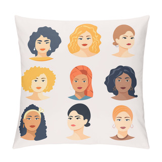 Personality  A Collection Of Vector Avatars Of Modern Multicultural Multinational Women With Different Hairstyles. A Set Of Portraits Of Young Women Of Different Races. Bright Vector Illustration In A Flat Style Pillow Covers