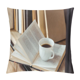 Personality  Close Up Of Open Book With Cup Of Coffee On Bookshelf Pillow Covers
