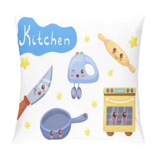 Personality  Kawaii Kitchen Utensils Vector Characters. Funny Smiling Knife, Mixer, Rolling Pin, Oven  & Frying Pan In Cute Cartoon Style. Cooking Accessories On White Background. Adorable Kids Illustration. Pillow Covers