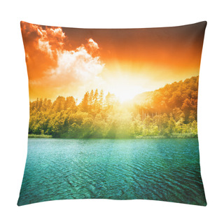 Personality  Green Water Lake In Forest And Sunset Pillow Covers