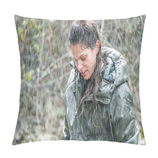 Personality  Young Latina Woman Strolling In Heavy Rain With Soaked Green Jacket And Dripping Hair Pillow Covers