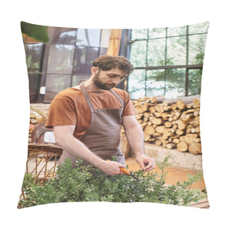 Personality  Professional Gardener In Linen Apron Cutting Branch On Bush With Gardening Scissors In Greenhouse Pillow Covers
