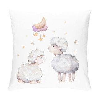 Personality  Cute Sheeps With Stars. Hand Drawn Watercolor Illustration On White Isolated Background. Pillow Covers