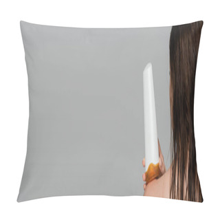 Personality  Back View Of Young Woman With Wet Hair Holding Bottle With Shampoo Isolated On Grey, Banner  Pillow Covers