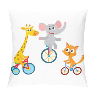 Personality  Cute Elephant, Giraffe, Cat Animal Characters Riding Unicycle, Bicycle, Tricycle Pillow Covers