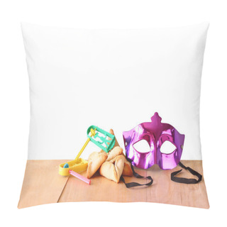 Personality  Hamantaschen Cookies Or Hamans Ears, Noisemaker And Mask For Purim Celebration (jewish Holiday) With Isolated Background Pillow Covers