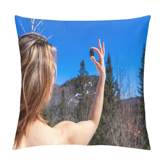 Personality  Woman Holds Jade Egg Outdoors In Nature. Pillow Covers