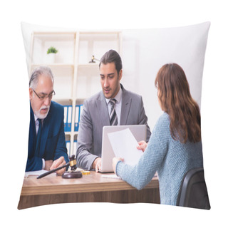 Personality  Young Woman In Courthouse With Judge And Lawyer Pillow Covers