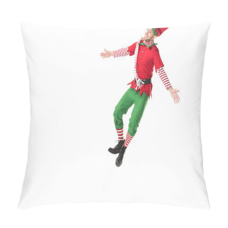 Personality  happy man in christmas elf costume jumping isolated on white background pillow covers