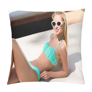 Personality  Beautiful Young Woman In Blue Bikini Lying On Sun Lounge And Looking At Camera Pillow Covers
