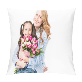 Personality  Cheerful Mother And Little Daughter With Bouquet Of Flowers Isolated On White, Mothers Day Concept Pillow Covers