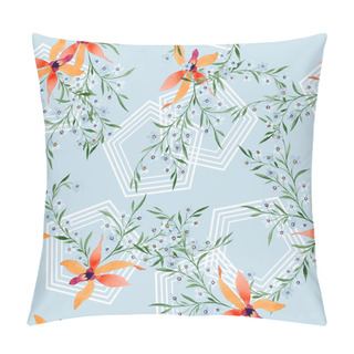 Personality  Blue And Orange Flowers. Watercolour Drawing Of Background With Orchids And Forget Me Nots. Pillow Covers