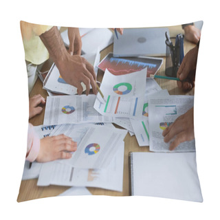 Personality  Cropped View Of Businessman Pointing With Pencil At Document Near Partners On Blurred Foreground Pillow Covers