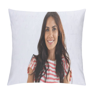 Personality  Cheerful And Brunette Woman Looking At Camera Pillow Covers
