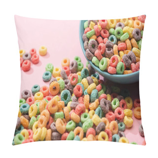 Personality  Bright Colorful Breakfast Cereal Scattered From Bowl On Pink Background Pillow Covers