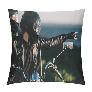 Personality  Couple Of Bikers In Helmets On Motorcycle, Man Pointing At Something  Pillow Covers